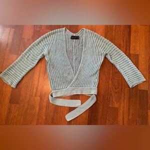Vintage “The Limited” aqua blue metallic wrap sweater top. Ladies XS
